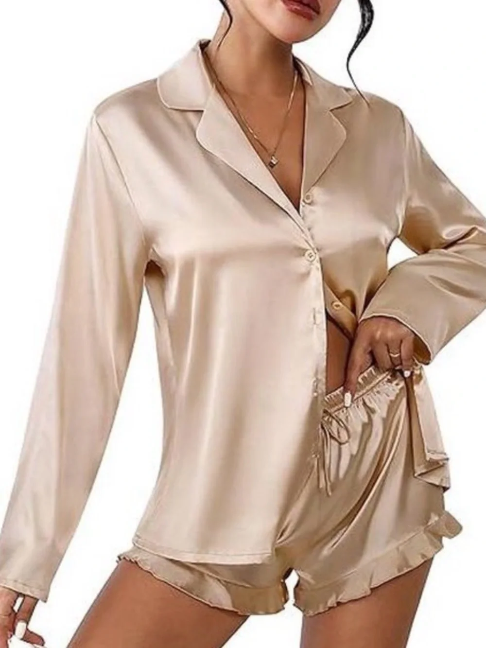 Ekouaer Satin Pajama Set M Champagne NWT LS Lounge Sleepwear Sheen Glam Relax